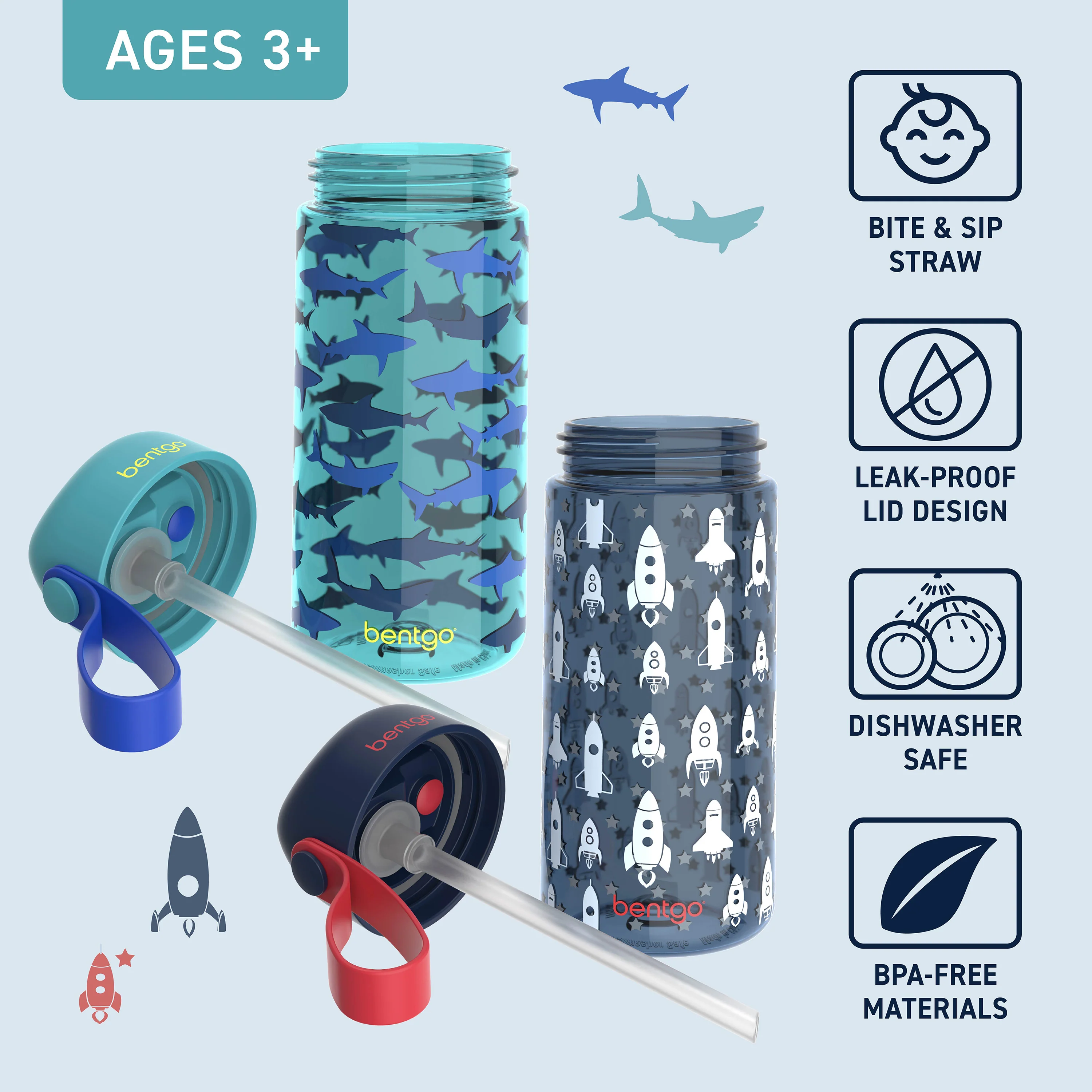Bentgo Kids Prints Water Bottle (2-Pack) - Rocket/Shark - Image 24